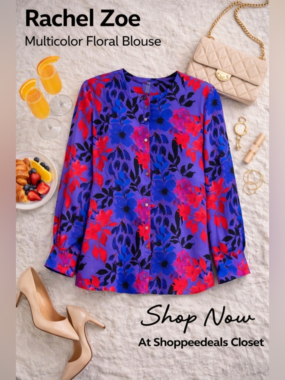 Rachel Zoe Multicolor Floral Blouse Women’s Blue Red Statement Top
